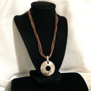 Nine West Silver Tone Disc Pendant on Brown Leather Waxed Cords